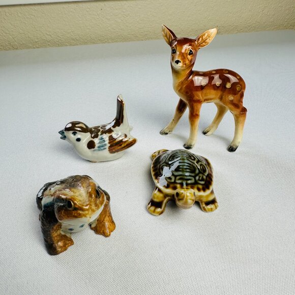 Ceramic Porcelain Figurines Lot 4 Diamondback Terrapin Turtle Deer Sparrow Toad - Picture 1 of 9